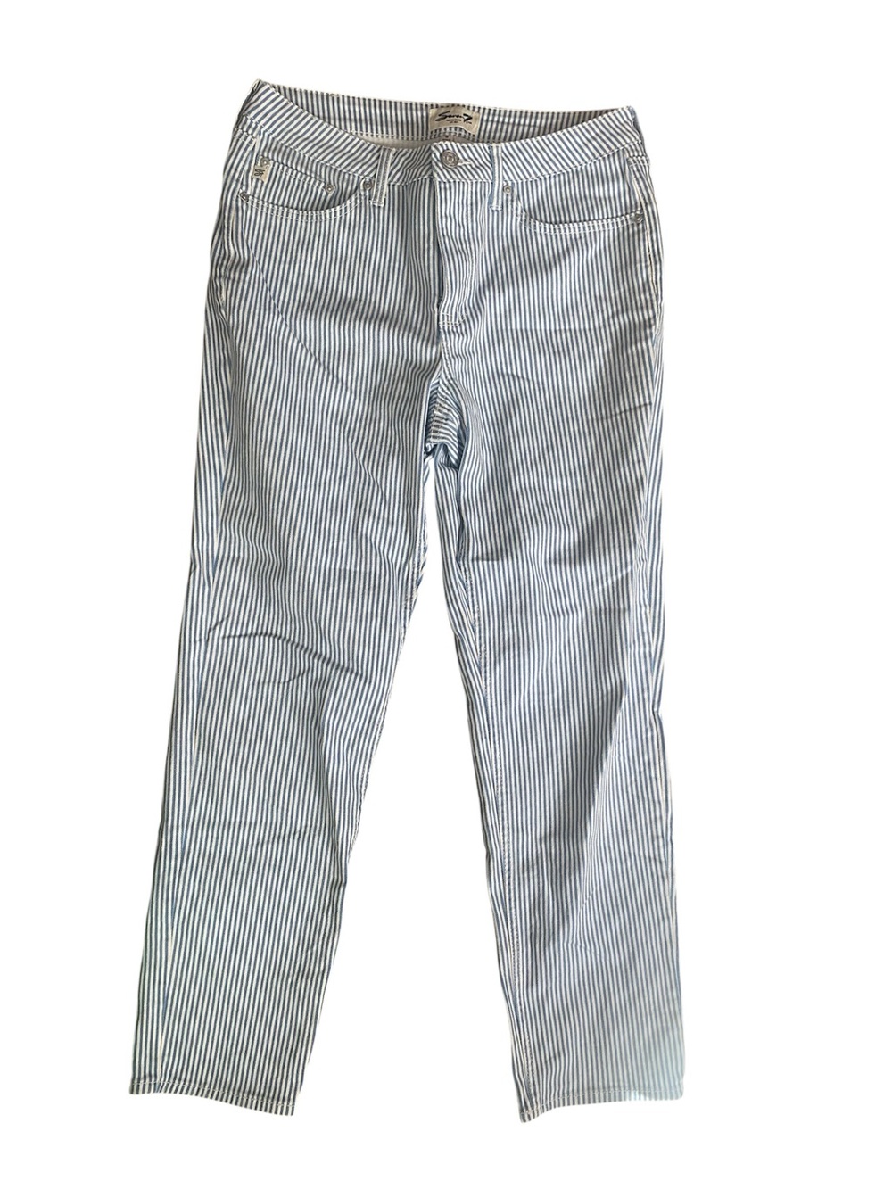 Seven7 Women Straight Leg Jeans in White and Blue Pinstripe